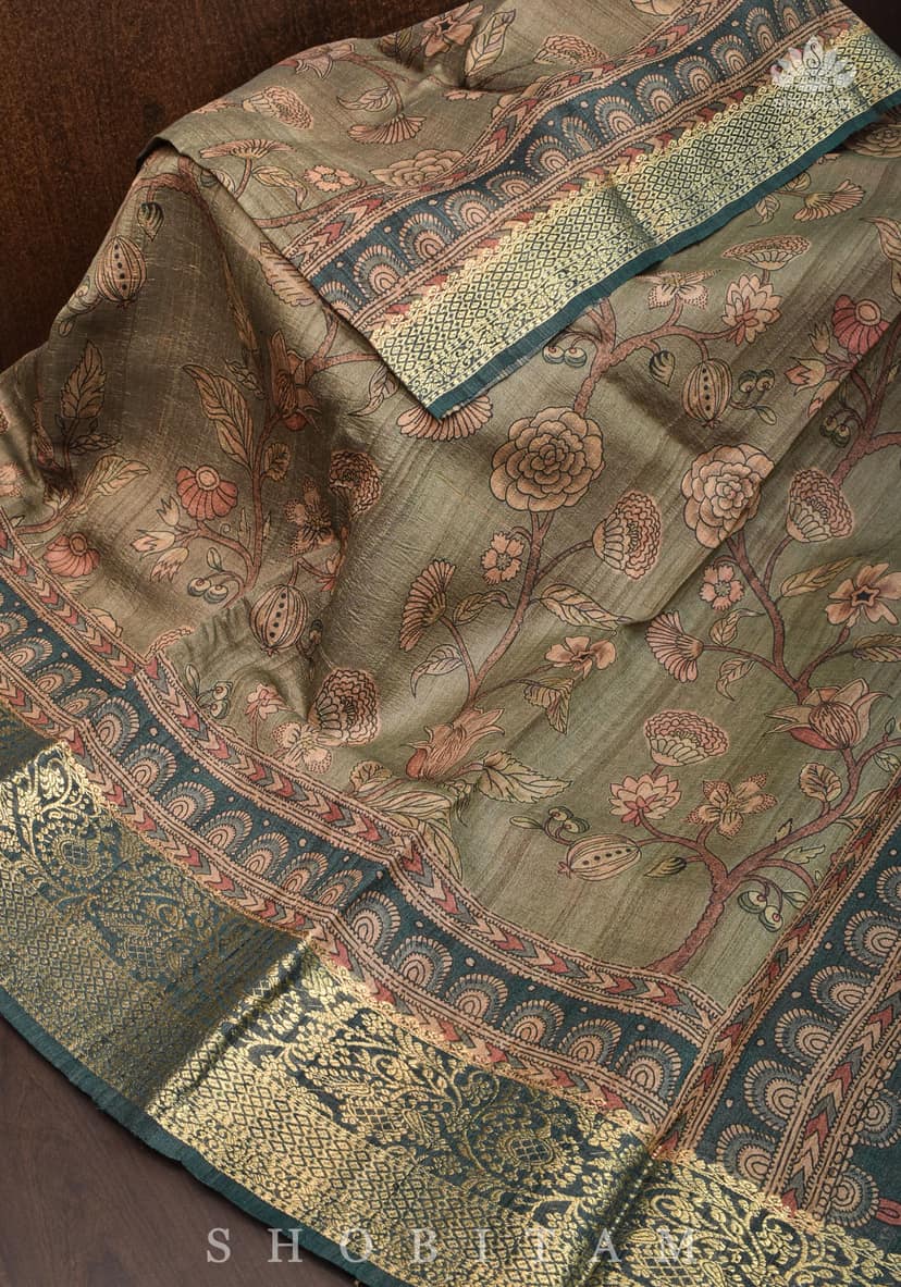 Warm Grey Kalamkari Digital Print on Pure Banarasi Semi Tussar Silk view 2