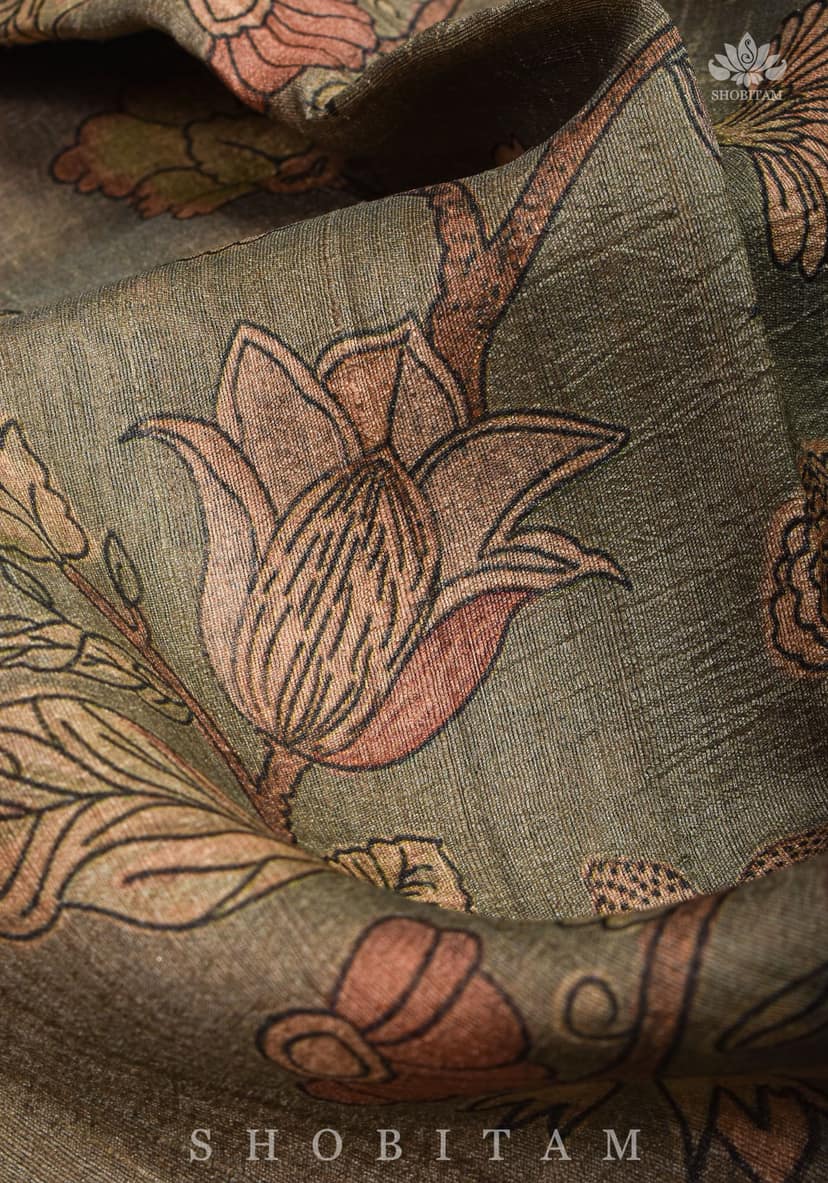 Warm Grey Kalamkari Digital Print on Pure Banarasi Semi Tussar Silk view 3