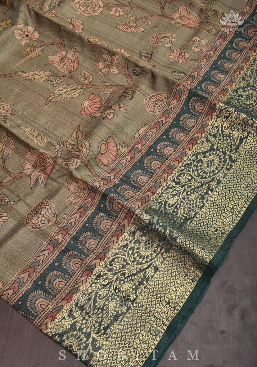 Warm Grey Kalamkari Digital Print on Pure Banarasi Semi Tussar Silk view 4