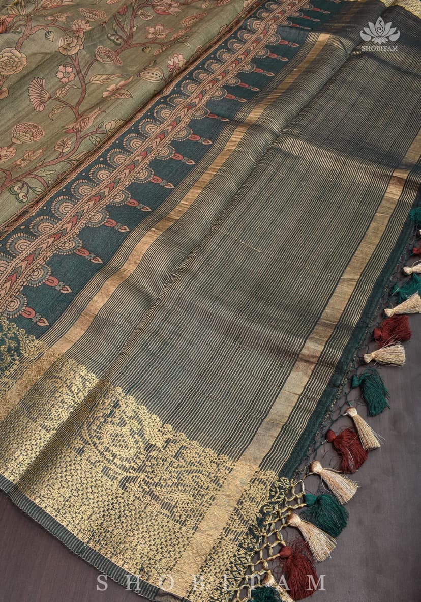 Warm Grey Kalamkari Digital Print on Pure Banarasi Semi Tussar Silk view 5