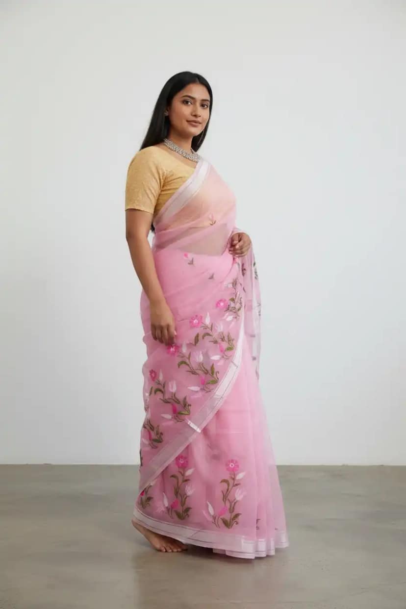 Rose Pink Kota Doria Cotton-Silk Saree with Block-Printed Florals