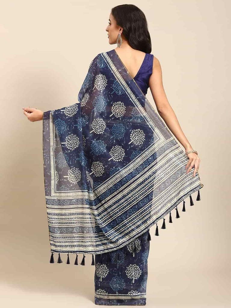 Women's Pure Cotton block print saree with unstiched blouse piece view 2