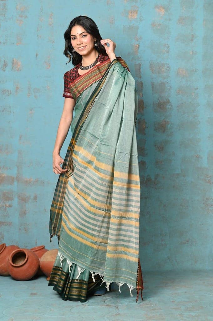 Tyohaar ~ Cotton Saree With Ganga Jamuna Border - Sea Green view 2