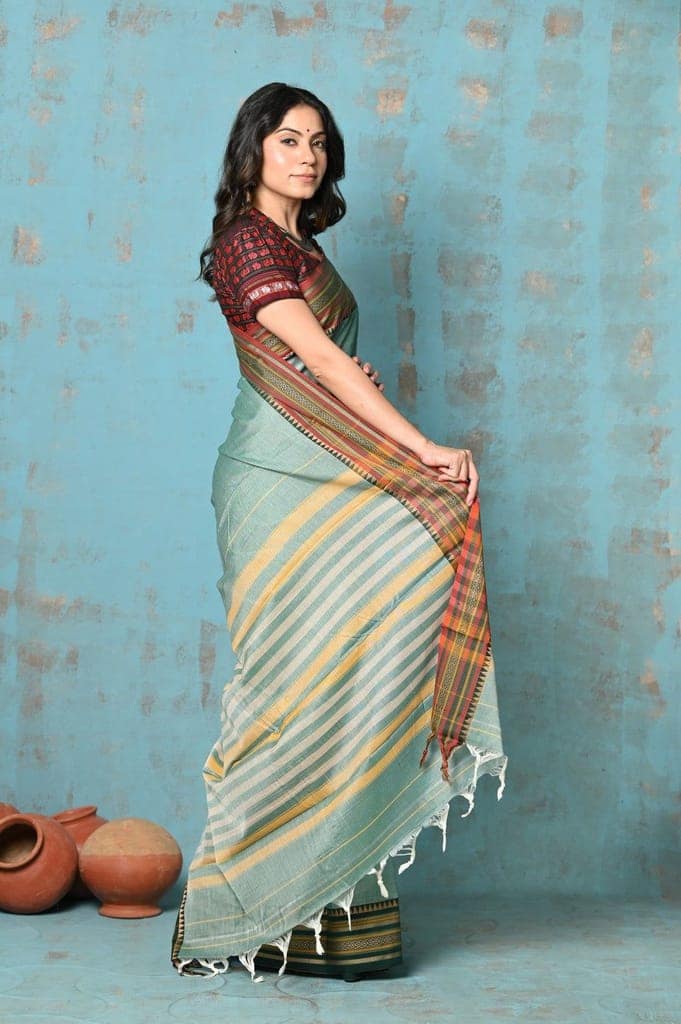 Tyohaar ~ Cotton Saree With Ganga Jamuna Border - Sea Green view 3