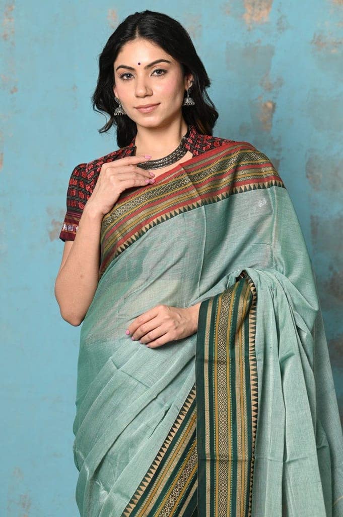 Tyohaar ~ Cotton Saree With Ganga Jamuna Border - Sea Green view 4