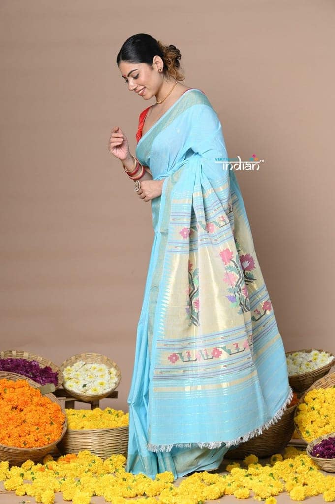 Rajsi~Handloom Pure Cotton Paithani Without Zari With Handcrafted Double Pallu~Sky Blue view 2