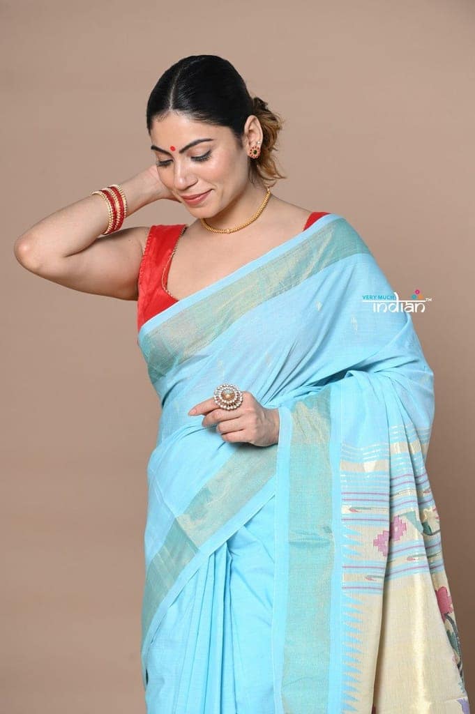 Rajsi~Handloom Pure Cotton Paithani Without Zari With Handcrafted Double Pallu~Sky Blue view 3