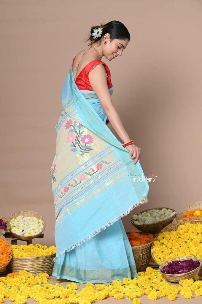 Rajsi~Handloom Pure Cotton Paithani Without Zari With Handcrafted Double Pallu~Sky Blue view 4