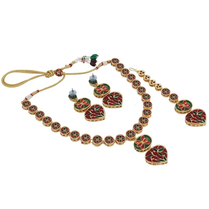 LUCKY JEWELLERY Back Meenakari 18k Gold Plated White Color Tika Earring Combo Uncut Big Faux Kundan Choker Necklace set view 5