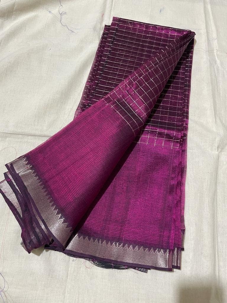 Mangalagiri Pattu Silk Saree checks design Dark Raspberry Violet Color with running blouse-1909