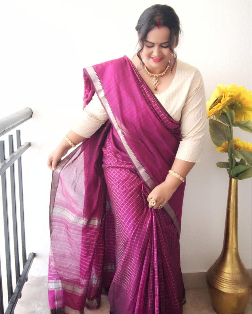 Mangalagiri Pattu Silk Saree checks design Dark Raspberry Violet Color with running blouse-1909 view 2