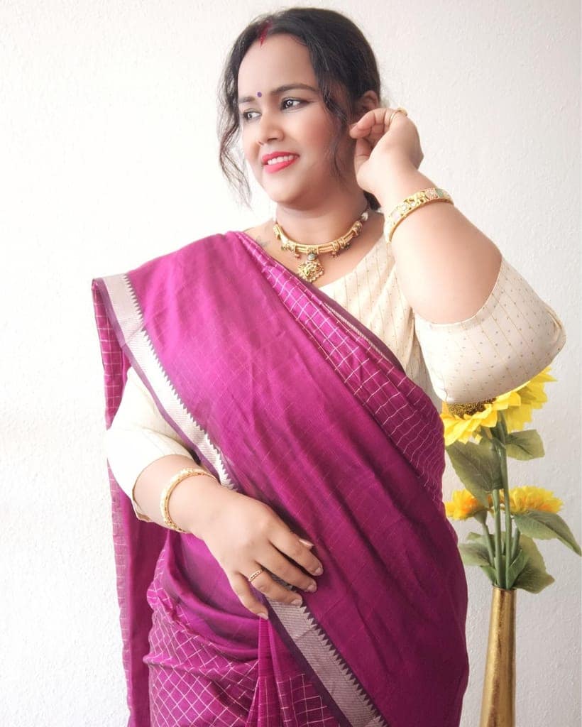Mangalagiri Pattu Silk Saree checks design Dark Raspberry Violet Color with running blouse-1909 view 4