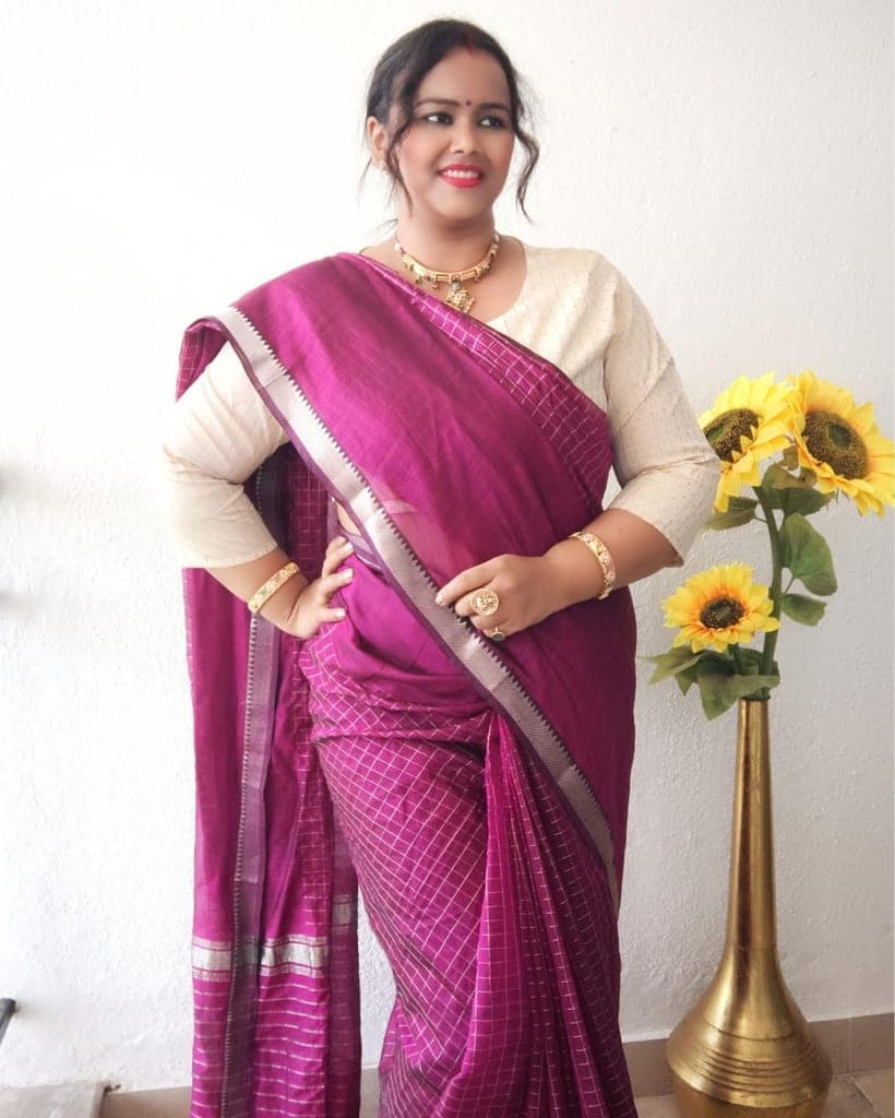 Mangalagiri Pattu Silk Saree checks design Dark Raspberry Violet Color with running blouse-1909 view 5