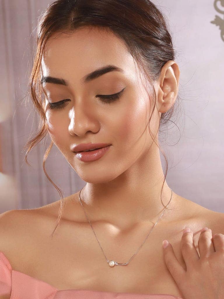 925 Sterling Silver Rhodium Plated Silver Bar Pearl Pendant Necklace & Chain view 2