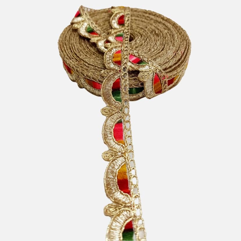 "Lace and Border Material Gold & Multicolor Embroided Heavy Zari Work For Saree, Kurti, Dresses, Duptaa, Lehenga Bags, Decorations Borders, Crafts and Home Decor (9 mrt 2 cm width) (pack of 1) view 5