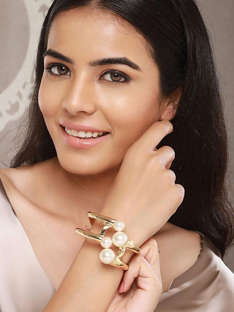 Anti-Tarnish Gold Plated Big Pearl Studded Cuff Kada Bracelet view 2