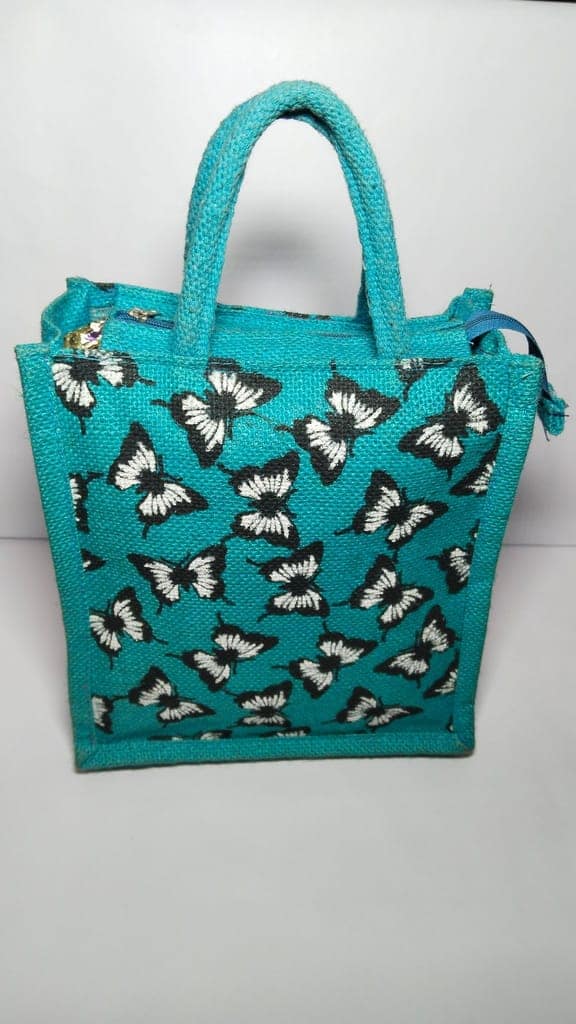 Blue butterfly jute tote bag view 2