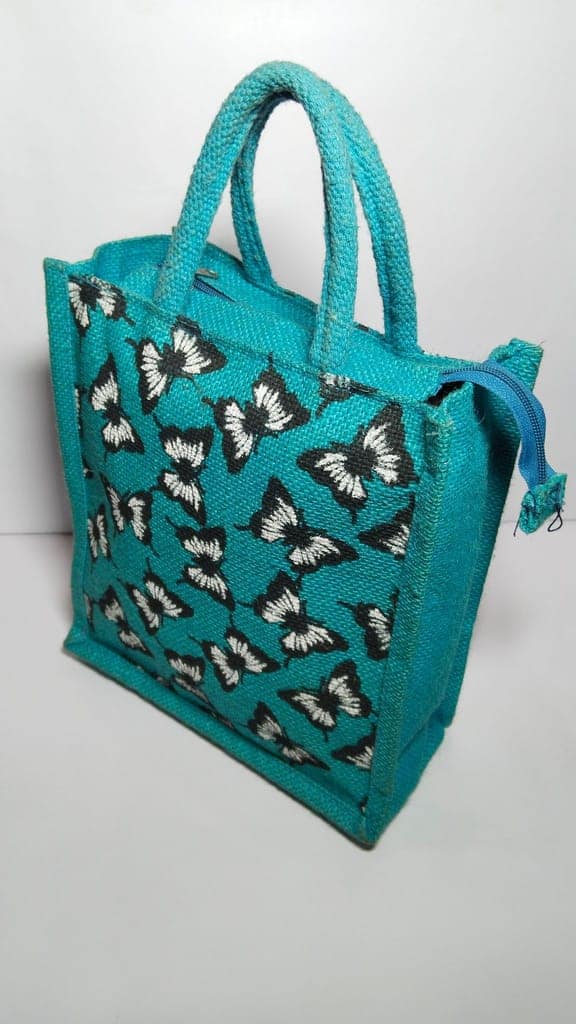 Blue butterfly jute tote bag view 3