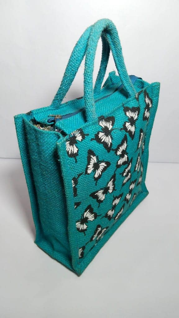 Blue butterfly jute tote bag view 4