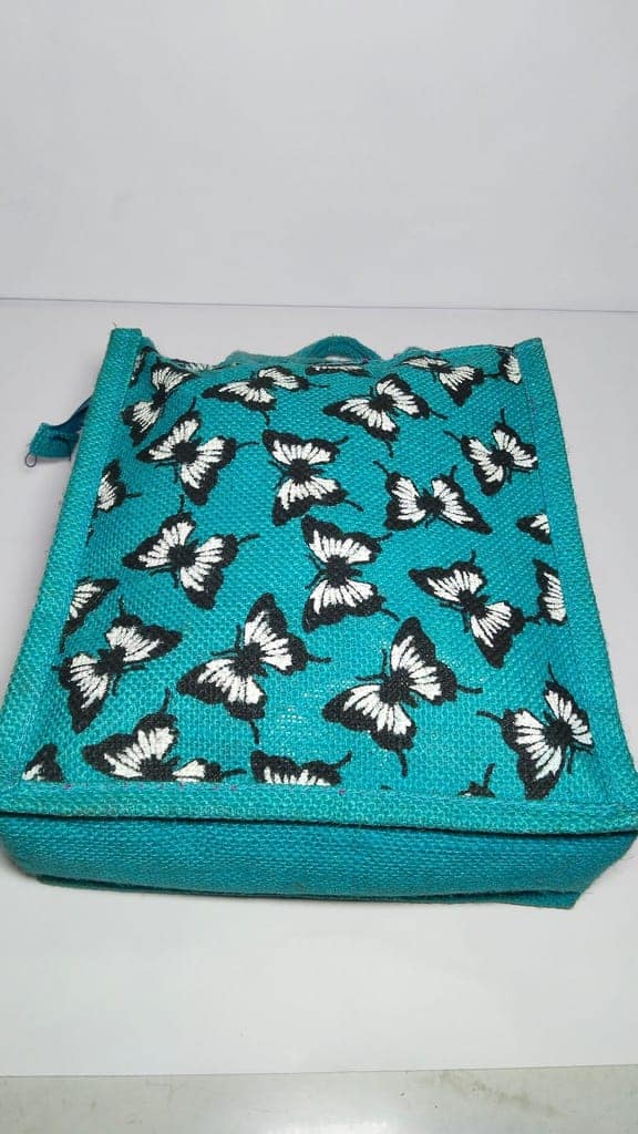 Blue butterfly jute tote bag view 5