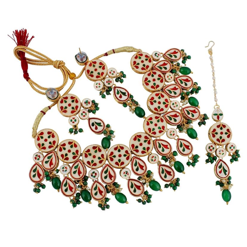 LUCKY JEWELLERY Back Meenakari 18k Gold Plated Green Color Tika Earring Combo Uncut Big Faux Kundan Choker Necklace set (1700-J5SK-1839-G) view 2