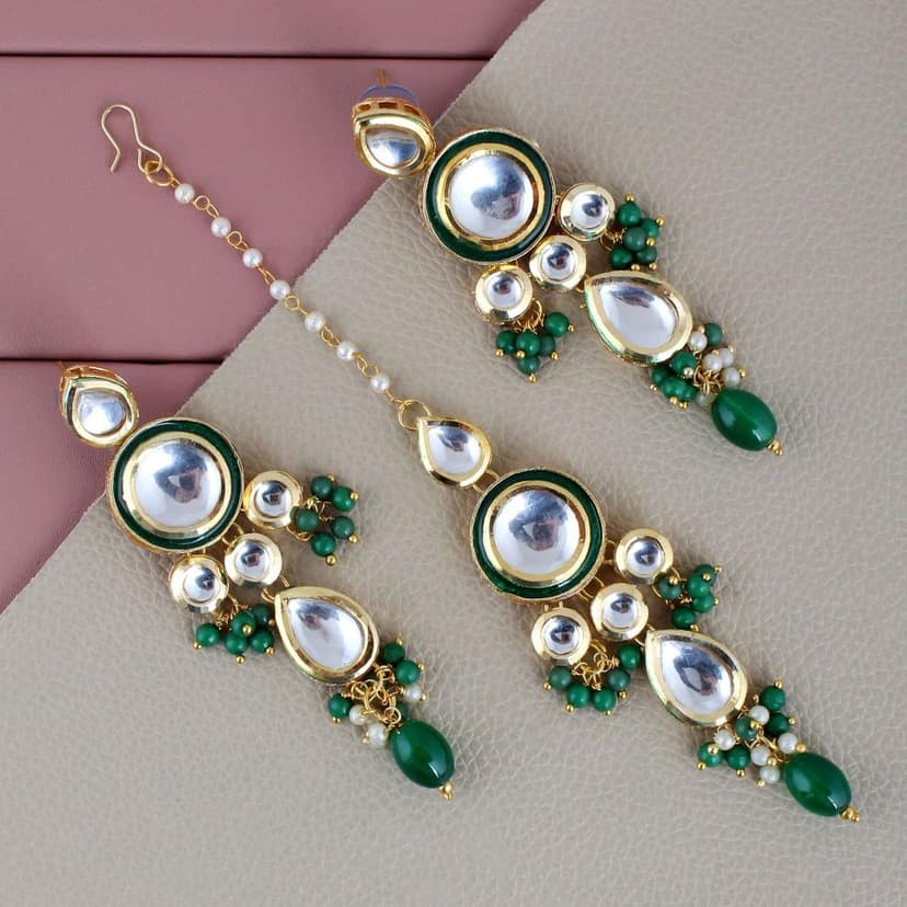 LUCKY JEWELLERY Back Meenakari 18k Gold Plated Green Color Tika Earring Combo Uncut Big Faux Kundan Choker Necklace set (1700-J5SK-1839-G) view 3