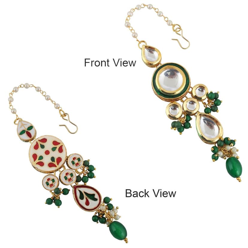 LUCKY JEWELLERY Back Meenakari 18k Gold Plated Green Color Tika Earring Combo Uncut Big Faux Kundan Choker Necklace set (1700-J5SK-1839-G) view 4