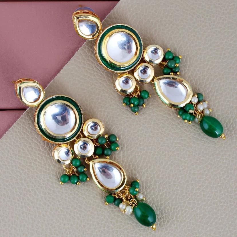 LUCKY JEWELLERY Back Meenakari 18k Gold Plated Green Color Tika Earring Combo Uncut Big Faux Kundan Choker Necklace set (1700-J5SK-1839-G) view 5