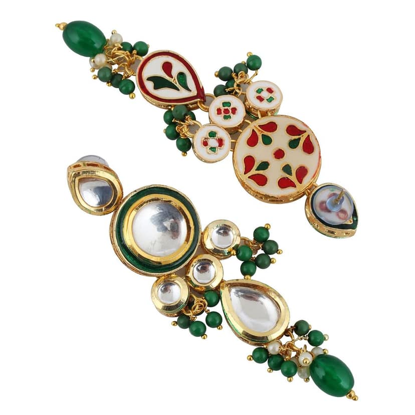 LUCKY JEWELLERY Back Meenakari 18k Gold Plated Green Color Tika Earring Combo Uncut Big Faux Kundan Choker Necklace set (1700-J5SK-1839-G) view 6