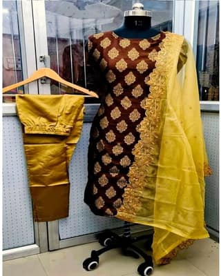 MyCOST Zari Weave Jacquard Festival wear Kurta Pant Dupatta Set, Sleeves attached