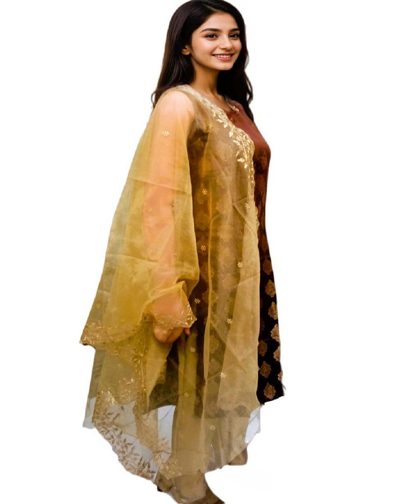 MyCOST Zari Weave Jacquard Festival wear Kurta Pant Dupatta Set, Sleeves attached view 4