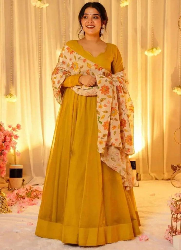 Mustard Yellow Georgette Anarkali Gown with Floral Embroidered Dupatta view 5