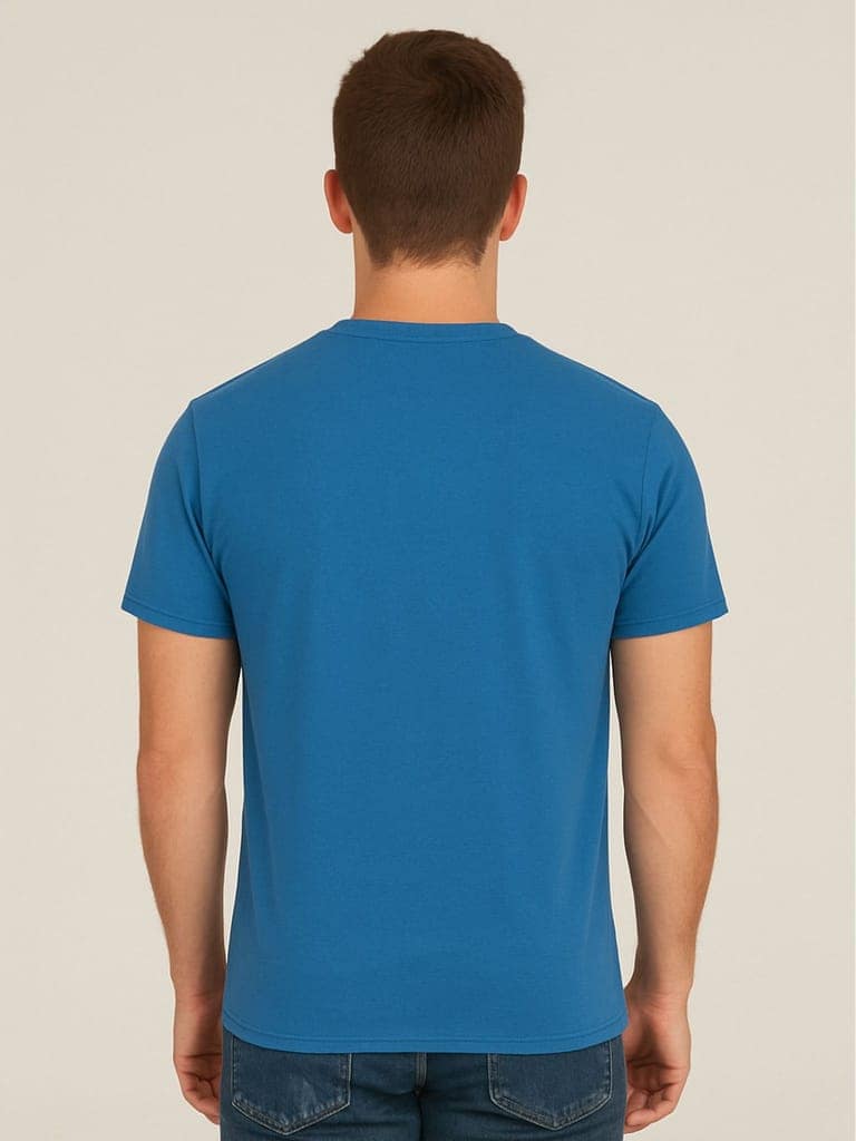 Cotton Blue Plain Round neck T-Shirt view 4