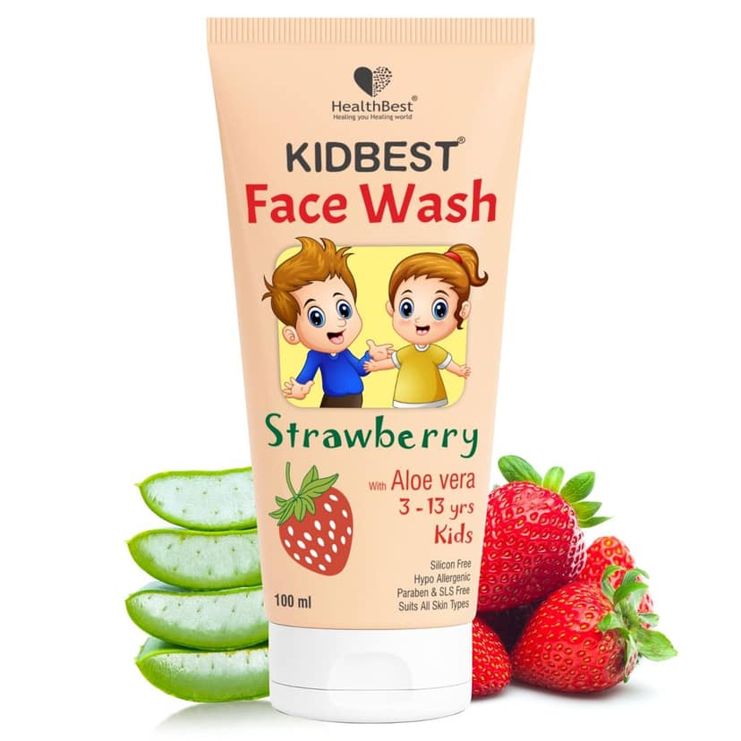 HealthBest Kids Face Wash 100ml with Organic Strawberry - Natural, Non Toxic & Safe - For Normal, Oily & Combination Skin - Tear-Free, Paraben-Free, SLS-Free - Nourishing & Brightening Daily Cleanser
