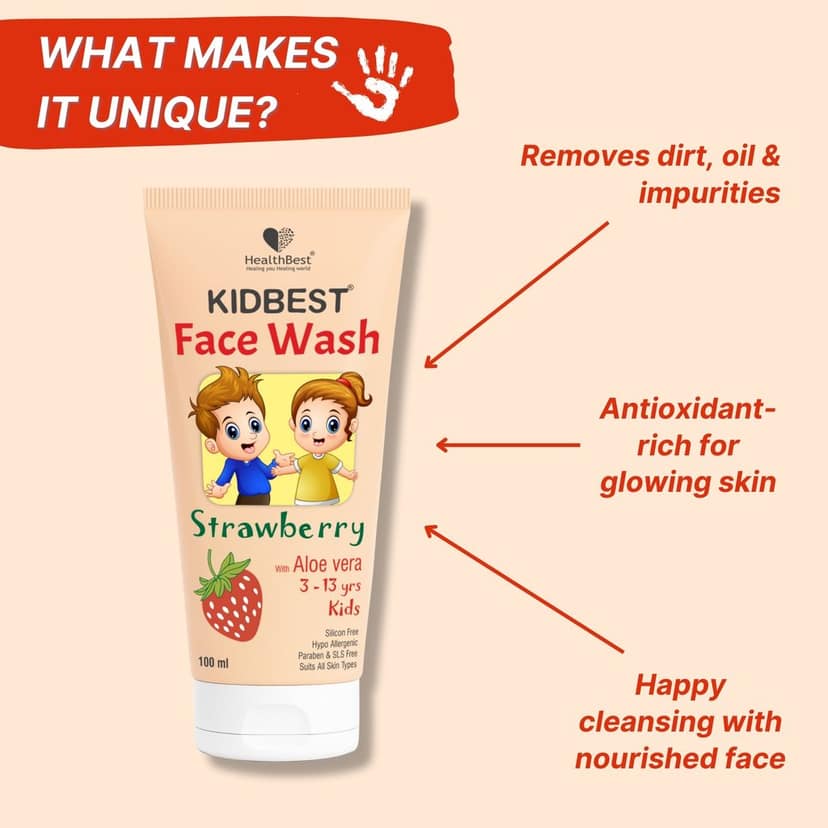 HealthBest Kids Face Wash 100ml with Organic Strawberry - Natural, Non Toxic & Safe - For Normal, Oily & Combination Skin - Tear-Free, Paraben-Free, SLS-Free - Nourishing & Brightening Daily Cleanser view 3