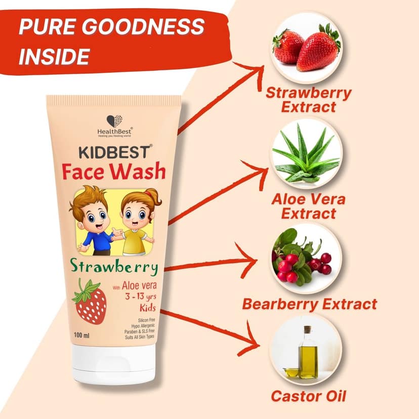 HealthBest Kids Face Wash 100ml with Organic Strawberry - Natural, Non Toxic & Safe - For Normal, Oily & Combination Skin - Tear-Free, Paraben-Free, SLS-Free - Nourishing & Brightening Daily Cleanser view 4