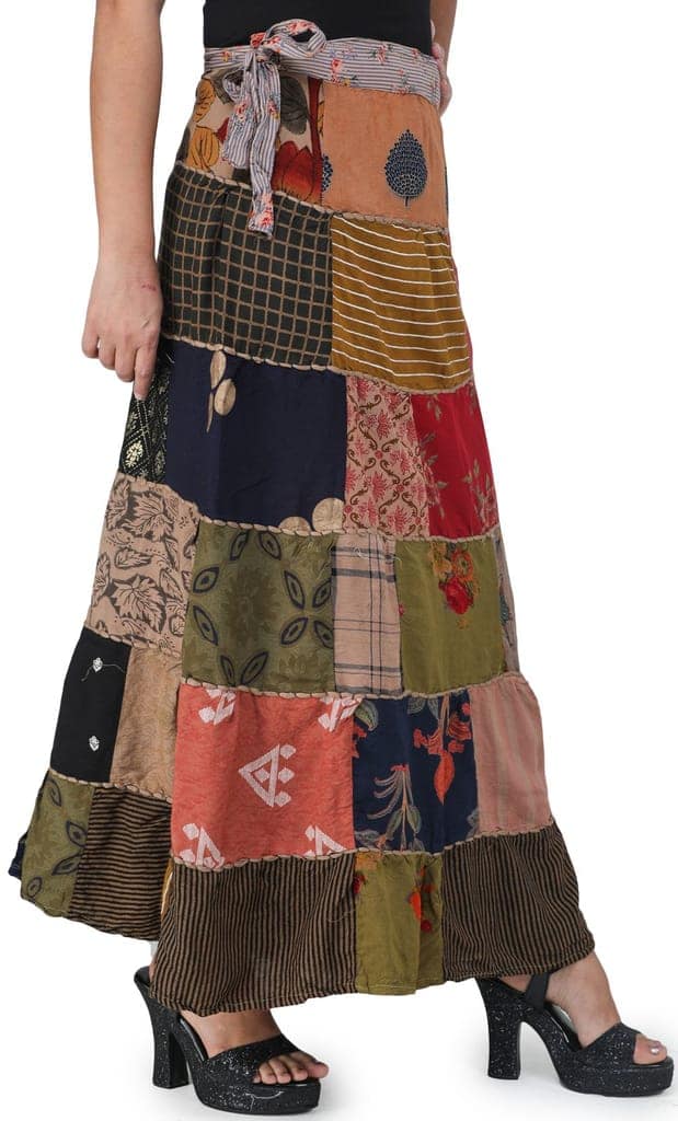 Woodsmoke Printed Long Boho Wrap-On Long Skirt from Gujarat with Patch Work view 2