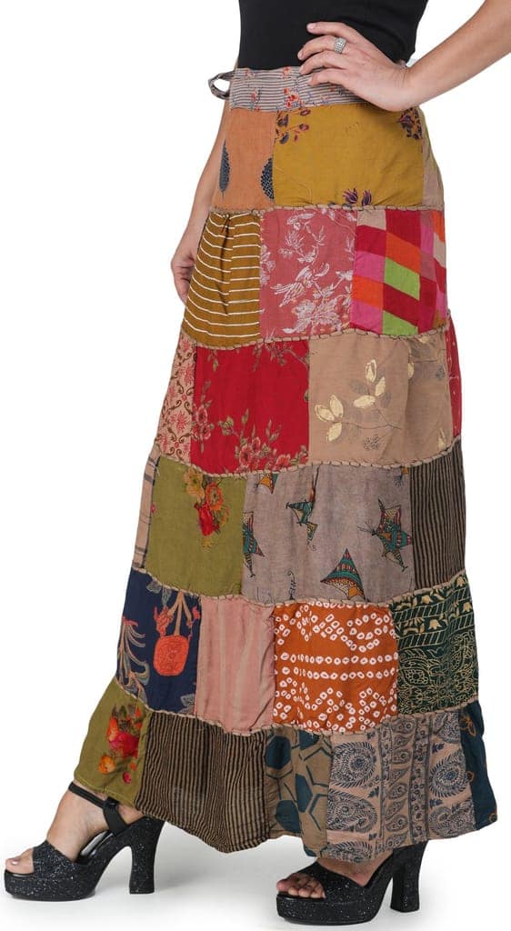 Woodsmoke Printed Long Boho Wrap-On Long Skirt from Gujarat with Patch Work view 3
