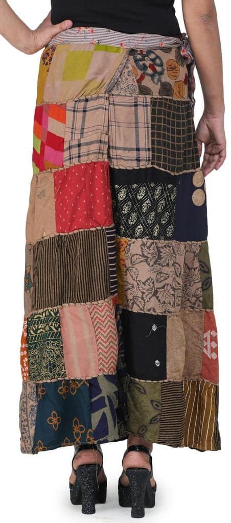 Woodsmoke Printed Long Boho Wrap-On Long Skirt from Gujarat with Patch Work view 5