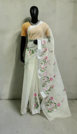 Ivory Cream Kota Doria Saree with Block-Printed Florals and Zari Border