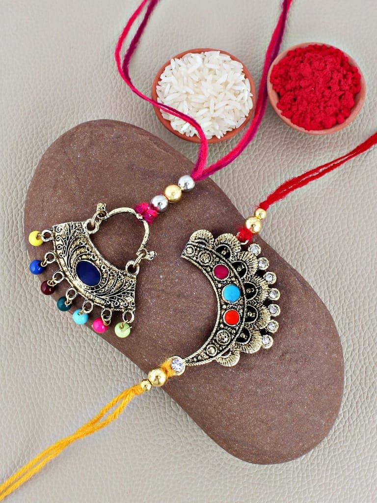 Lucky Jewellery Designer Oxidised Gold Meena Rakhi - Rakshabandhan Rakhee with Lumba Bracelet for Brother/Bhaiya/Bhai/Bhabhi - Multi Color Thread Pack of 2 (105-WECR1-3057-2) view 2