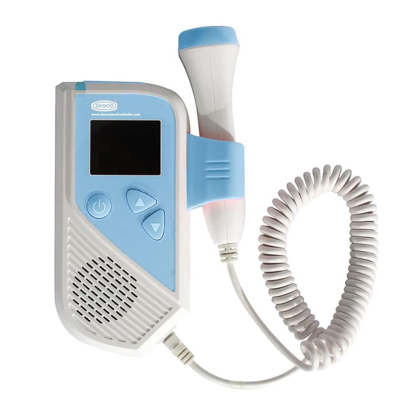 DESCO Fetal Heart Doppler, Fetal Heart Rate Monitor for Home and Clinic with USB Charging, Headphone Jack with Built-in Speaker (White & Blue)