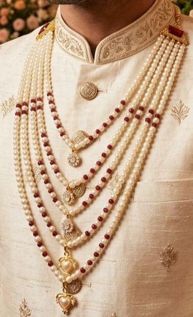 grand festive wedding mala for men multi-layerd red-accented pearl neckalce styled with sherwani view 3