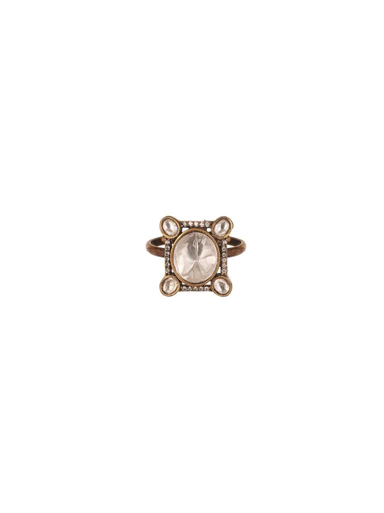 Gold Plated Kundan Uncut Mossanite Studded Geometric Minimal Adjustable Finger Ring view 6