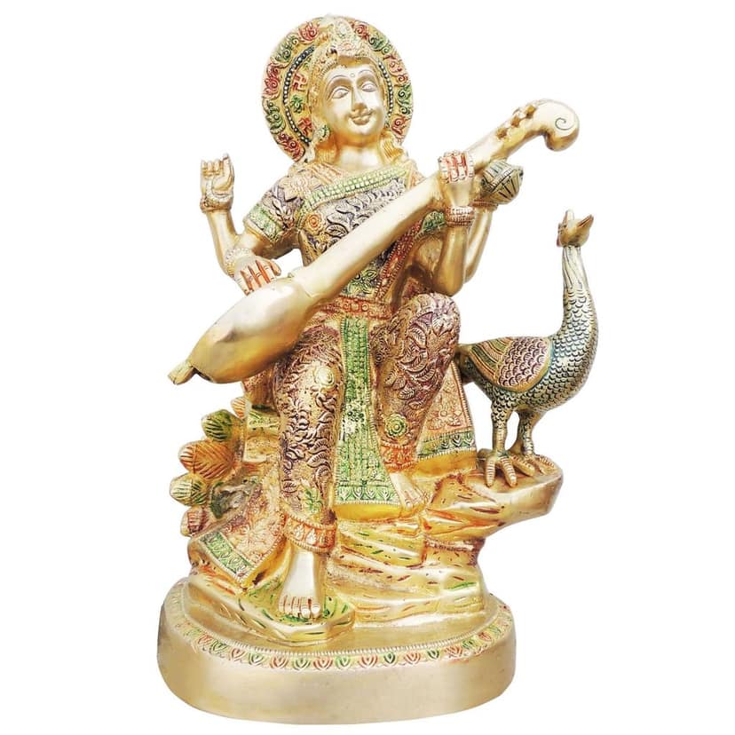 Brass Saraswati Colour Statue - Vibrant Decorative Idol, Height : 15.5 Inch (BSMAS930 A) view 2