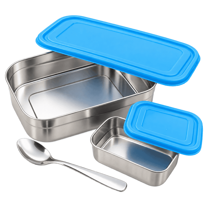 V3Deals Stainless Steel Lunch Box, Inner Container & Spoon Stainless Steel Lunch Box, Inner Container, 2 Blue Lids, Steel Spoon, For Office, School & Daily Meals ( HAPPY LUNCH BOX 10) view 2