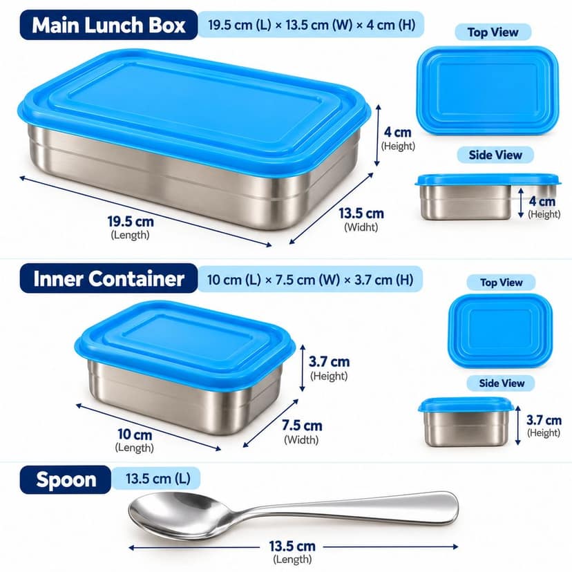 V3Deals Stainless Steel Lunch Box, Inner Container & Spoon Stainless Steel Lunch Box, Inner Container, 2 Blue Lids, Steel Spoon, For Office, School & Daily Meals ( HAPPY LUNCH BOX 10) view 3
