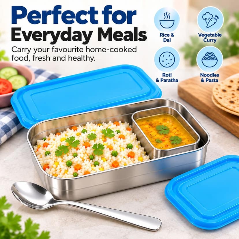 V3Deals Stainless Steel Lunch Box, Inner Container & Spoon Stainless Steel Lunch Box, Inner Container, 2 Blue Lids, Steel Spoon, For Office, School & Daily Meals ( HAPPY LUNCH BOX 10) view 7