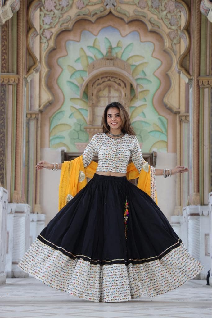 Handblock Printed Gota Patti Lehanga Choli with Mulmul Dupatta (Size: 38-46) Black & White Color-7708 view 3