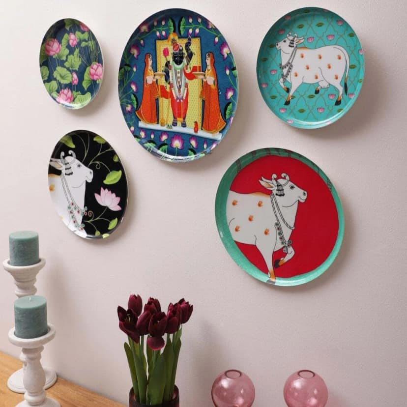 Writings on the Walls Pichwai Cows Metal Wall Plates Set of 5 Traditional Decorative Wall Art Made of metal view 2